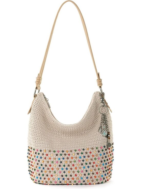 Women\'s Ecru Multi Bead Hand Crochet Tote With Zipper Pocket Hobo Bag Purse
